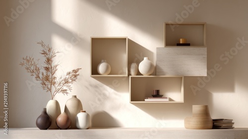 Minimalist interior design floating shelves vases and decorative elements