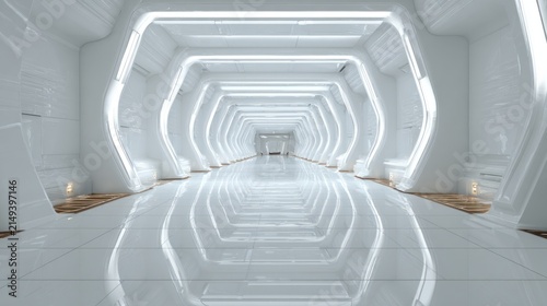 Futuristic white hallway with bright neon lights and reflective floor