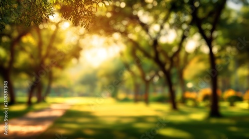 Blurred view of a sunny park with trees and path abstract background