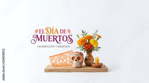 Mexican dia de los muertos altar displaying decorated ceramic skull, orange marigold flower in clay vase, burning candle, papel picado flag, commemorating all souls' and saints' day.