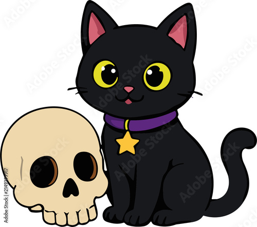 Spooky Cute Kawaii Halloween Black Cat and Skull Ultimate Clipart Bundle with Human Skulls, Purple Collars, and Star Pendants Vector Design for Cricut and Sublimation