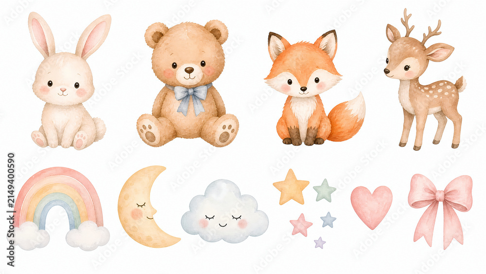 Obraz premium Cute watercolor woodland animal clipart set. Bunny bear fox deer with rainbow moon cloud heart bow isolated on white background. Baby shower and kids design elements