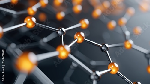 Abstract close-up of molecular structure with orange and silver spheres on dark background