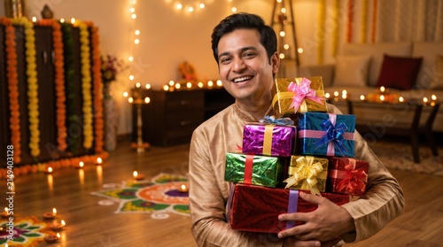 Smiling Indian man holding stacked colorful wrapped gift boxes at home