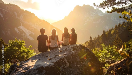 Four friends enjoying a beautiful mountain sunset view together.