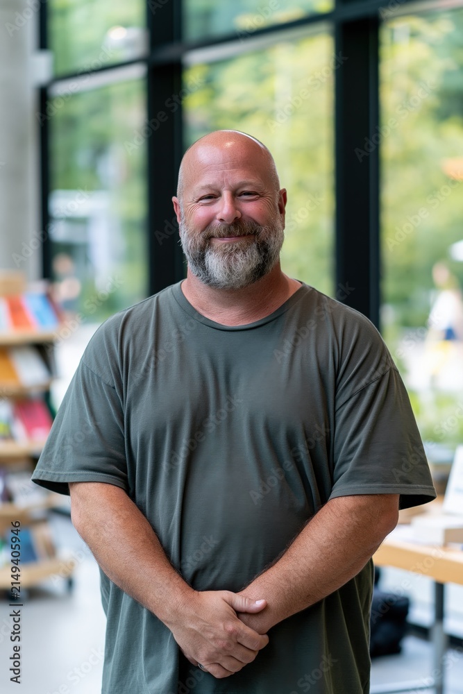 Obraz premium Portrait of a smiling bald bearded man in a gray t shirt standing in a modern bright interior for corporate profile and web banner