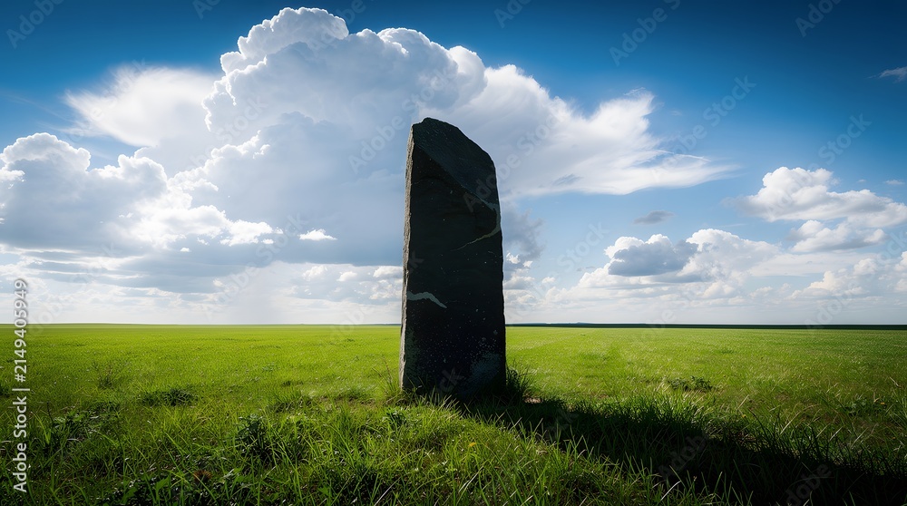 Fototapeta premium A single ancient stone monolith standing in a vast green meadow under a dramatic cloudy sky.
