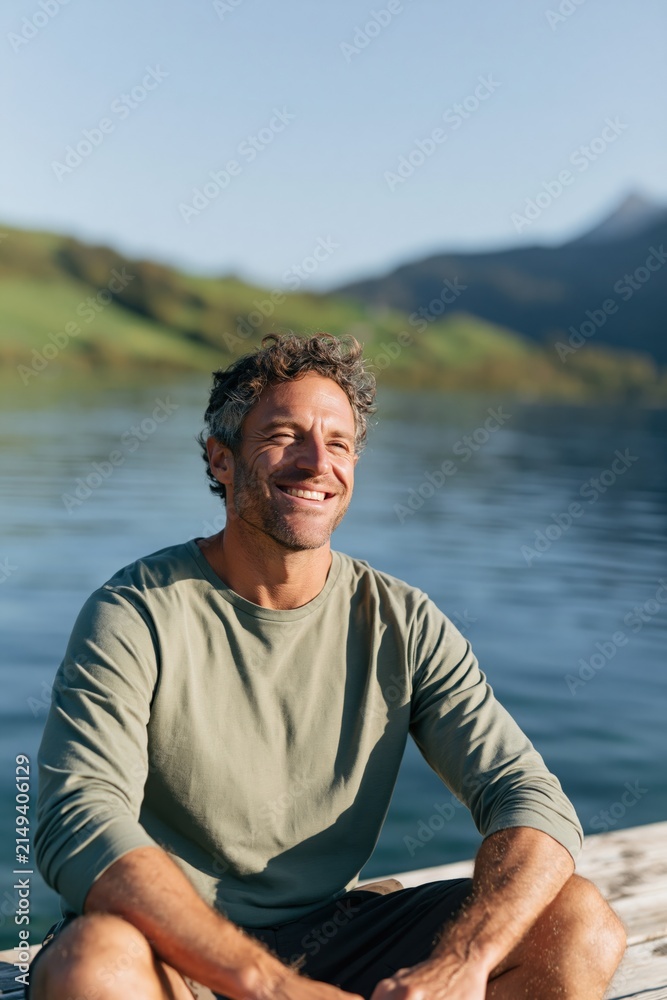 Fototapeta premium Man sitting on a dock by a calm lake smiling in golden sunlight for wellness banner and summer background