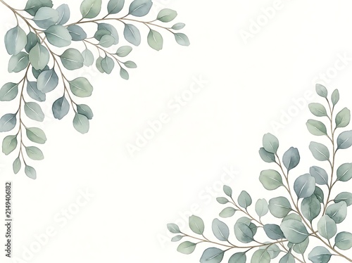 Watercolor eucalyptus branch corner frame, soft sage green leaves on white background, botanical with empty center space for text