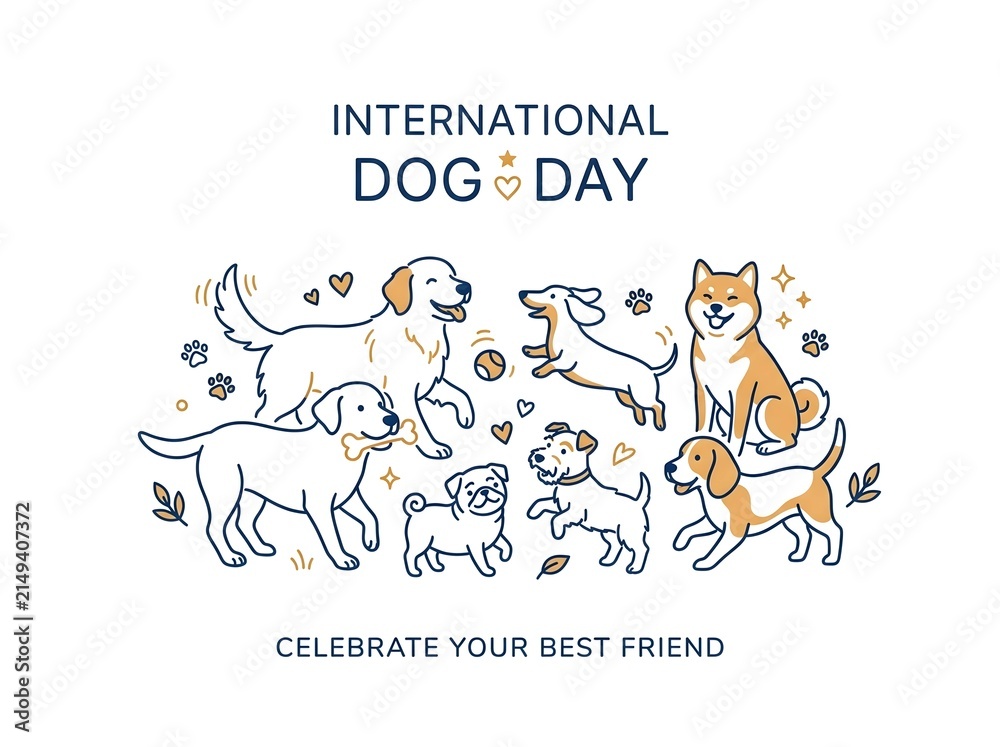 Fototapeta premium Diverse dogs group for international dog day greeting card