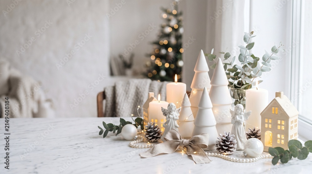 Fototapeta premium Cozy Christmas Table Decor with White Trees and Candles
