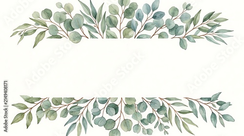 Watercolor eucalyptus leaf border, hand-painted green foliage frame with rounded and pointed leaves on a white background