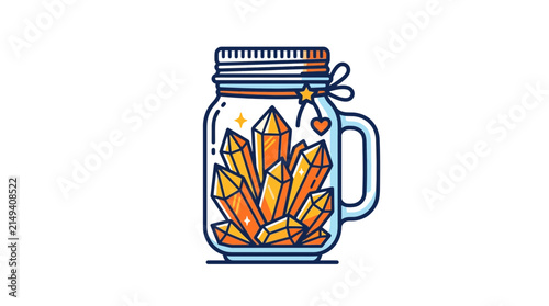 A stylized illustration of a glass jar filled with glowing orange crystals