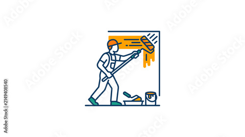A professional worker uses a paint roller to apply vibrant color to a blank interior wall surface