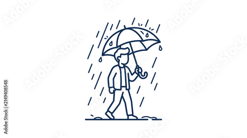 A simple line art illustration of a person walking through the rain with an umbrella