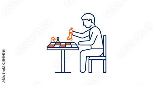 A minimalist line art illustration of a person playing a game of chess at a table