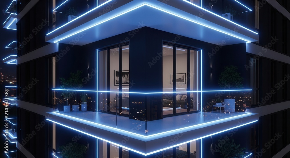 Fototapeta premium Modern Apartment Building Exterior With Blue Neon Lights At Night