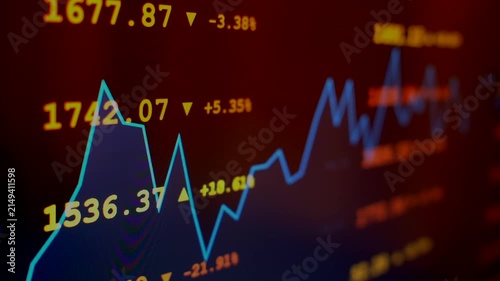 Stock market chart with price data and trading numbers on dark screen, financial investment concept