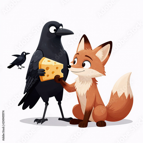 Surreal Crow Yellow. Digital Illustration Of A Fable Scene: Crow With Cheese And Fox