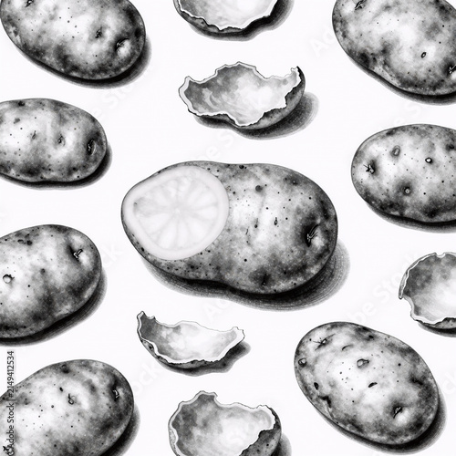 Black And White Ink Potato Nutritional. Illustration Of A Small Cut Potato With Peel Texture, Alongside A Seamless Pattern Of Uneven Potato Rind