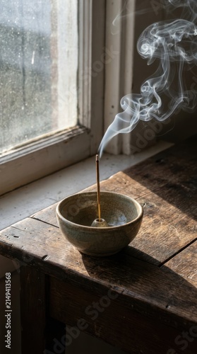 Lit incense stick burning in ceramic bowl holder on rustic wooden table near window with smoke curling up