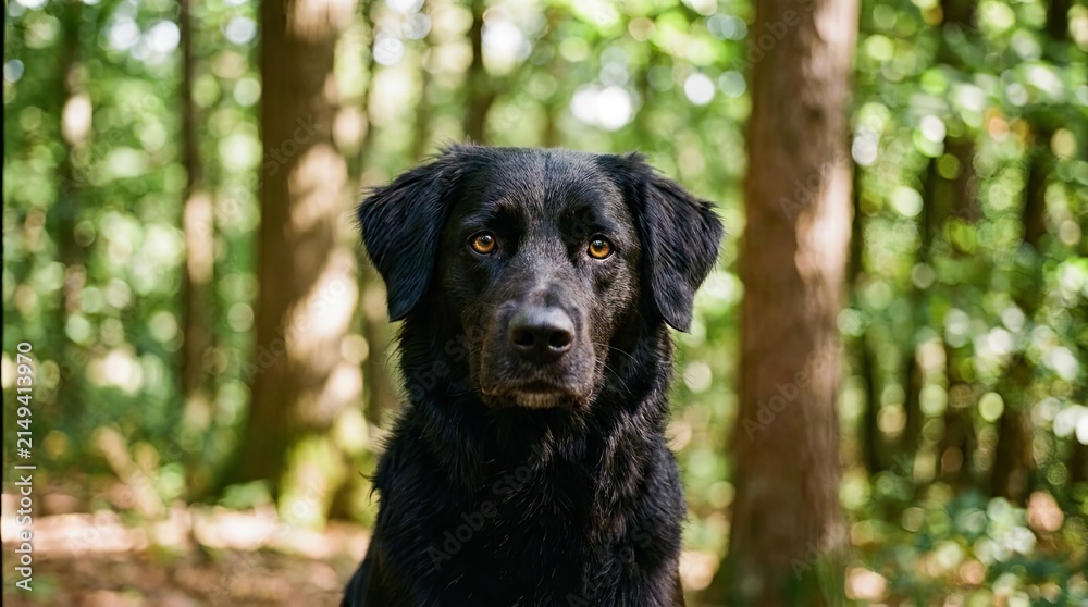 Naklejka premium Black dog sitting in sunlit forest looking at camera