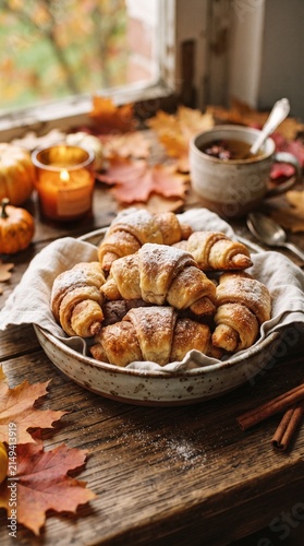 autumn food, autumn croissants, autumn pastries. buns close up. sweet pastries in the kitchen. atmospheric in the home kitchen. homemade croissants