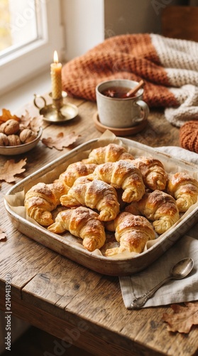 autumn food, autumn croissants, autumn pastries. buns close up. sweet pastries in the kitchen. atmospheric in the home kitchen. homemade croissants