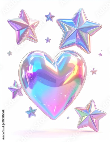 Iridescent Heart and Star Shapes Floating in White Space
