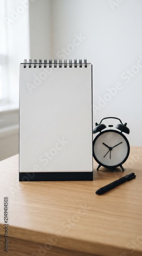 Desk calendar template with space for text. Black Friday sale and promotion mockup template. Modern office desk with planner and clock. Concept of project management and time tracking