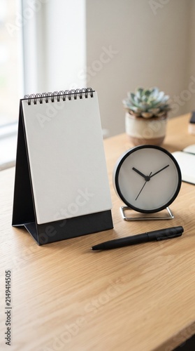 Blank desk calendar mockup on wooden table. a workspace with a calendar and clock for notes and deadlines. ime management and business goals.