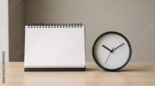 Desk planner with empty page mockup. Clock reminds of important upcoming deadlines. Useful mockup for sales and special offers. Concept of business reporting and new beginnings.
