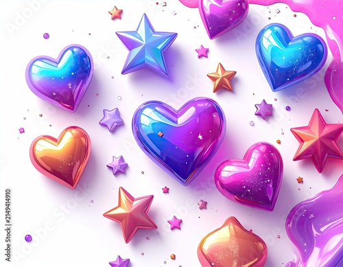 Vibrant Colorful Hearts and Stars Floating in White Space