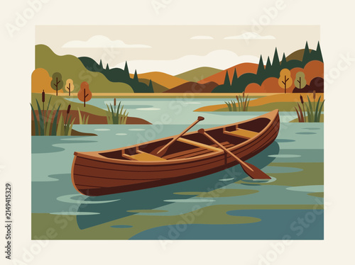 Картината върху платно A classic wooden canoe with oars floating on a calm lake surface.