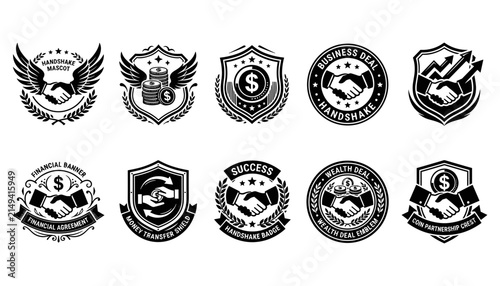 Business and Financial Achievement Badge Icons in Shield and Emblem Vector Designs for Success and Partnership