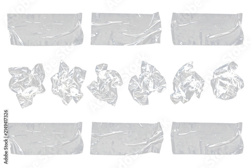 Fotografie Crinkled plastic sheets and foil pieces on white background with pieces on trans