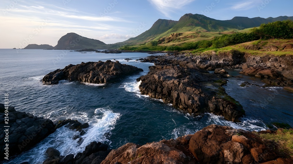 Fototapeta premium A rugged volcanic coastline where waves crash against dark rocks under a clear sky with distant green hills