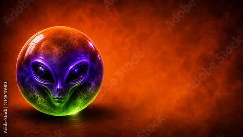 Glowing Alien Face Crystal Sphere on Fiery Orange Halloween Background