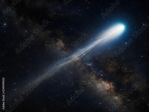 Bright comet moving through deep dark space with glowing ionized blue gas tail against backdrop of twinkling star clusters.