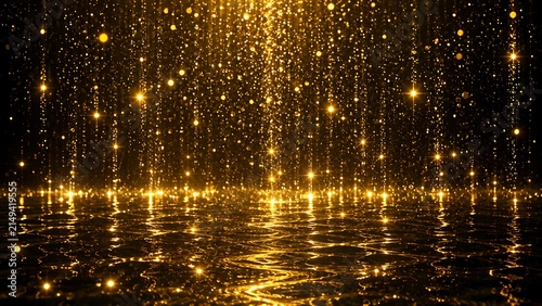 A spectacular cascade of golden sparkles and glittering stars reflects beautifully over a dark, rippling liquid surface, creating a luxurious festive backdrop.