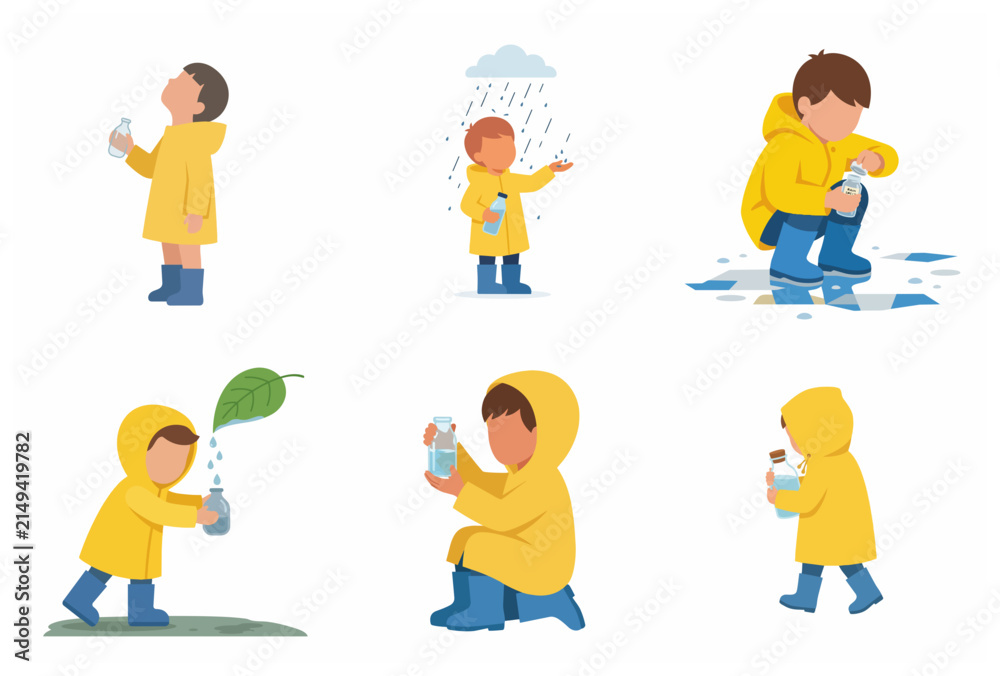 Fototapeta premium Little boy in yellow raincoat collecting and saving water from rain and nature illustrations