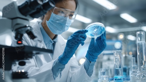 Scientist in lab examining petri dish with microscope and protective gear