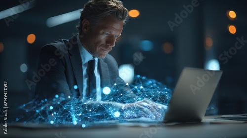 Businessman working on a laptop with digital data overlay illustration