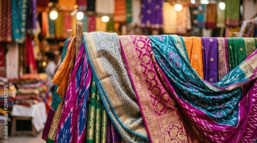 Colorful fabric textile traditional market cultural shopping experience india vibrant pattern cloth draped display woven silk decoration design