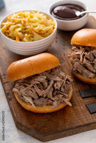 Pulled pork sandwiches with brioche buns and cabbage