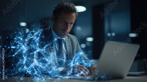 Businessman working on laptop with digital network data overlay in office
