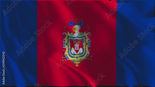 Flag of Quito waving slowly in the foreground