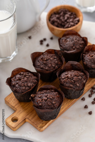 Chocolate chip muffins mini size on a board served with milk, double chocolate muffins, dessert idea