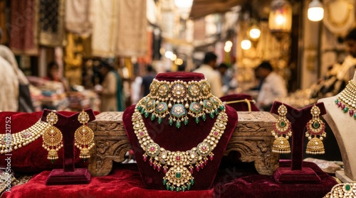 Traditional jewelry displayed velvet stands vibrant market captures cultural shopping experience India with rich colors and intricate designs