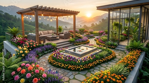 Luxurious rooftop garden with blooming flowers